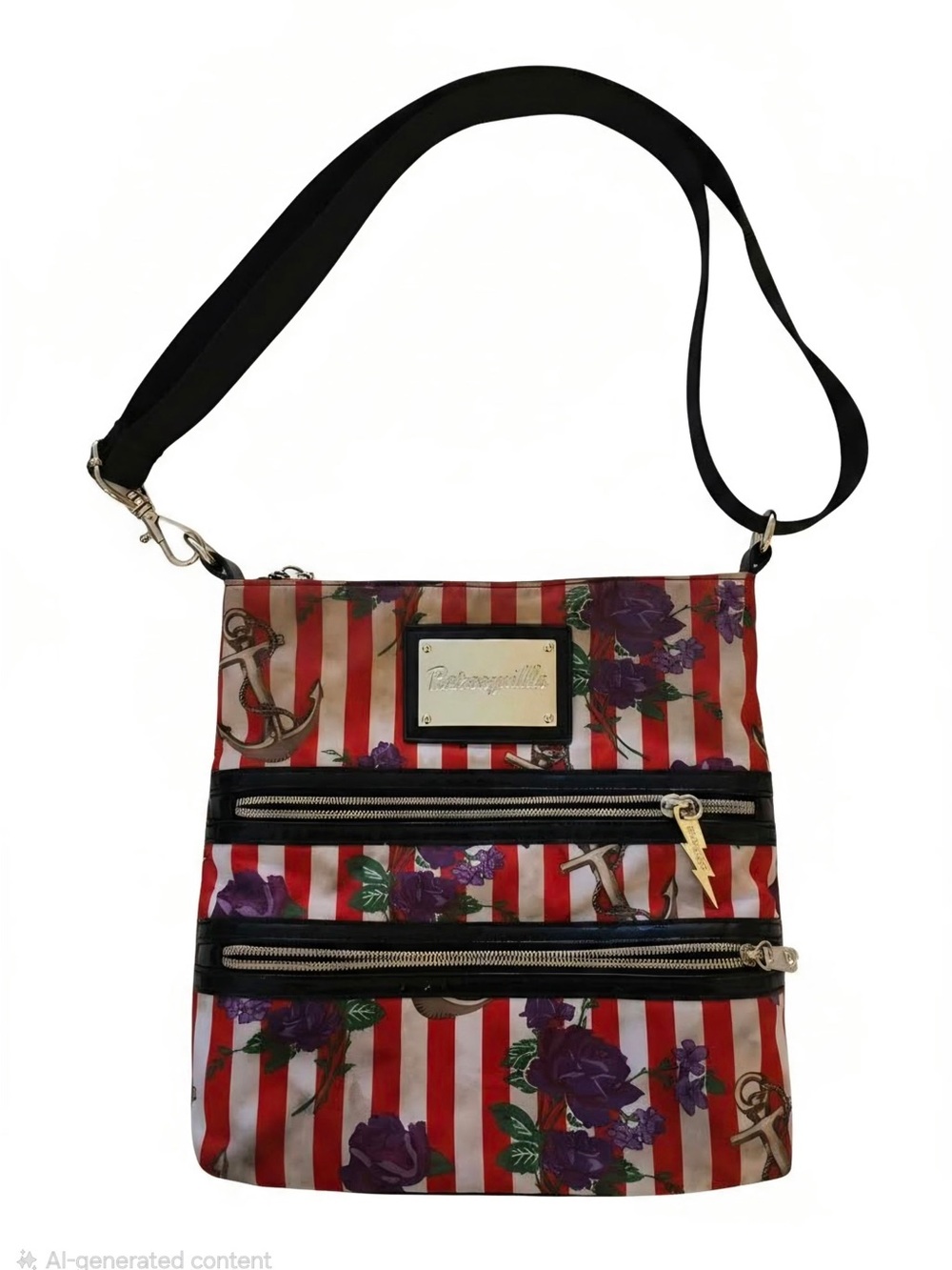 Betsey Johnson Red, White, Purple and Black Floral Stripe Crossbody